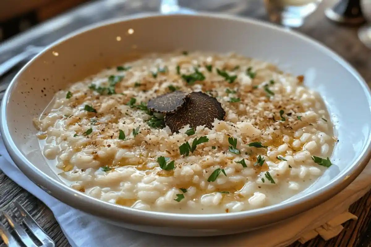 a creamy risotto served in a wide, shallow white ceramic bowl