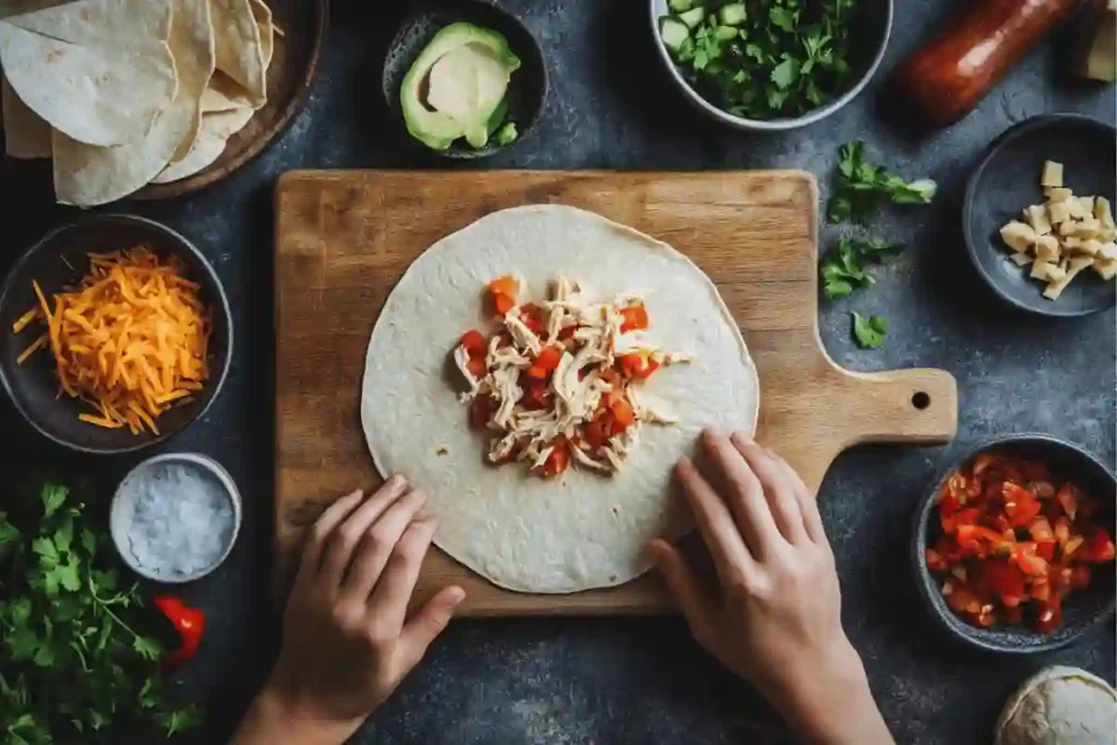 Hands rolling corn tortillas filled with chicken, cheese, and vegetables on a cutting board.