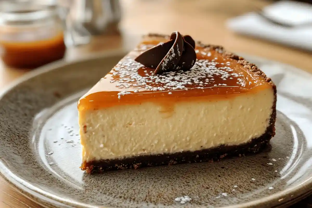 Salted caramel cheesecake with a golden caramel glaze, gingersnap crust, flaky sea salt garnish, and dark chocolate curls on a ceramic plate.