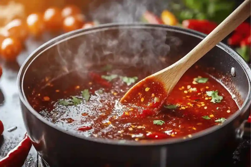 Simmering enchilada sauce with visible chili peppers and tomatoes being stirred with a wooden spoon.