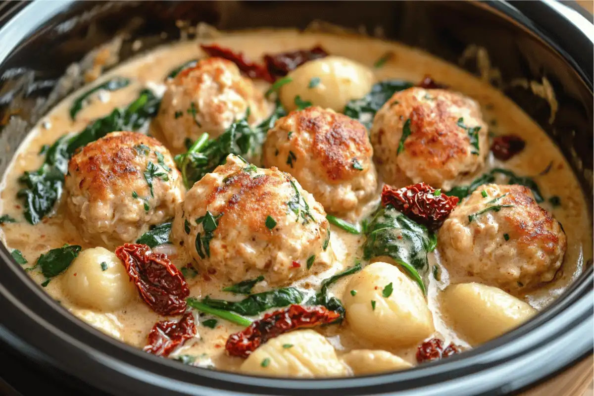 Slow Cooker Tuscan Chicken Meatballs with Gnocchi