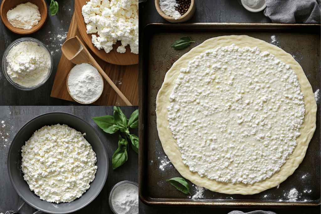 Step-by-step images of making cottage cheese flatbread, from blending to baking.