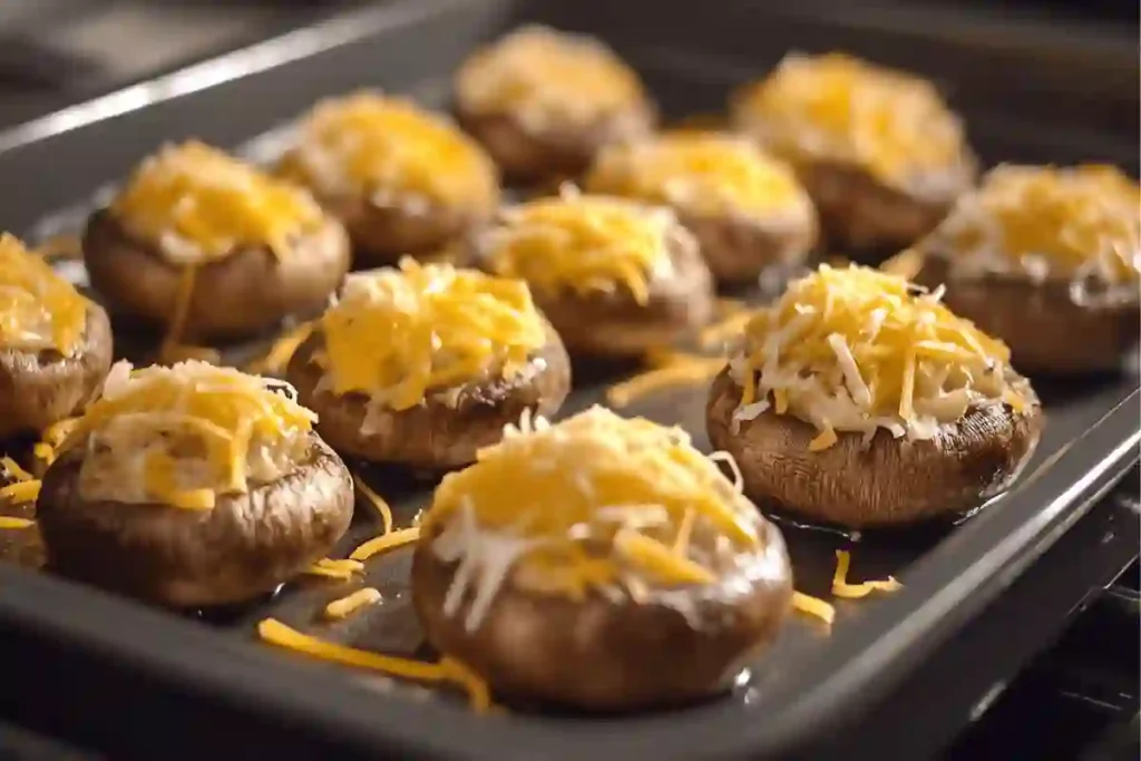  A baking sheet with mushrooms stuffed with seafood and cheese, prepared for baking.