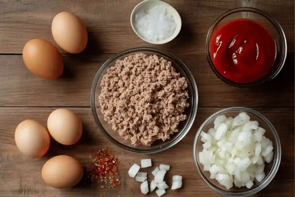 Ingredients for a meatloaf base, including ground meat, breadcrumbs, eggs, onions, and seasonings, laid out on a wooden countertop.