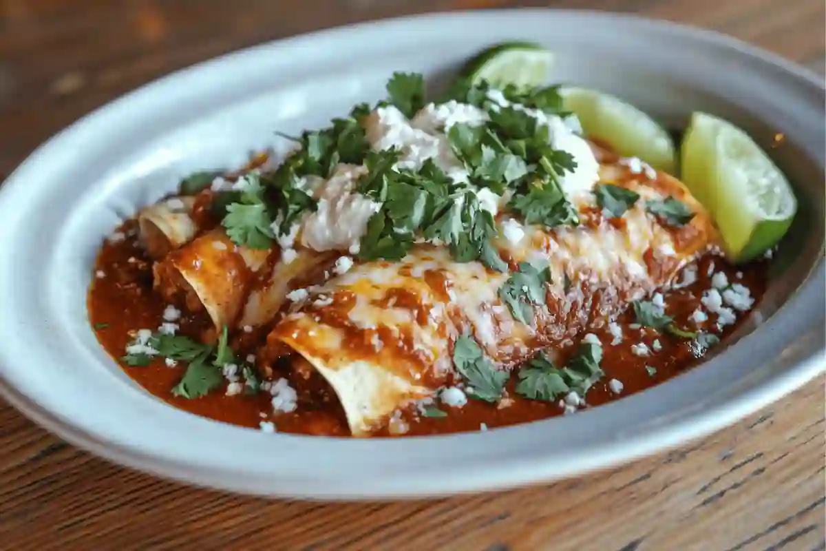 Plated Boulders enchiladas with red chili sauce, melted cheese, cilantro, and lime wedges.