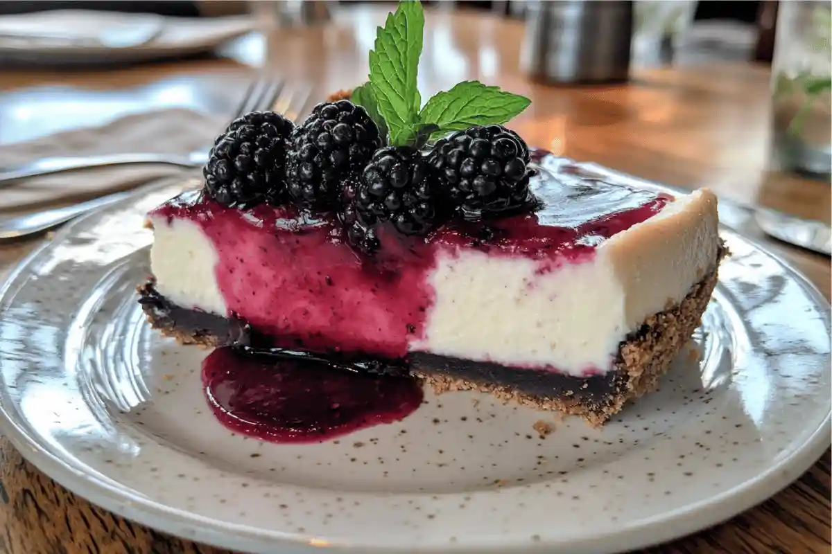 blackberry cheesecake on a rustic white plate, showcasing its golden graham cracker crust, smooth and creamy cheese filling, and glossy blackberry sauce elegantly drizzled on top. Fresh blackberries and a sprig of mint garnish the dessert, adding a vibrant contrast. The setup includes a fork and a folded linen napkin, placed on a wooden table with a softly blurred floral arrangement in the background, creating a cozy and sophisticated ambiance.