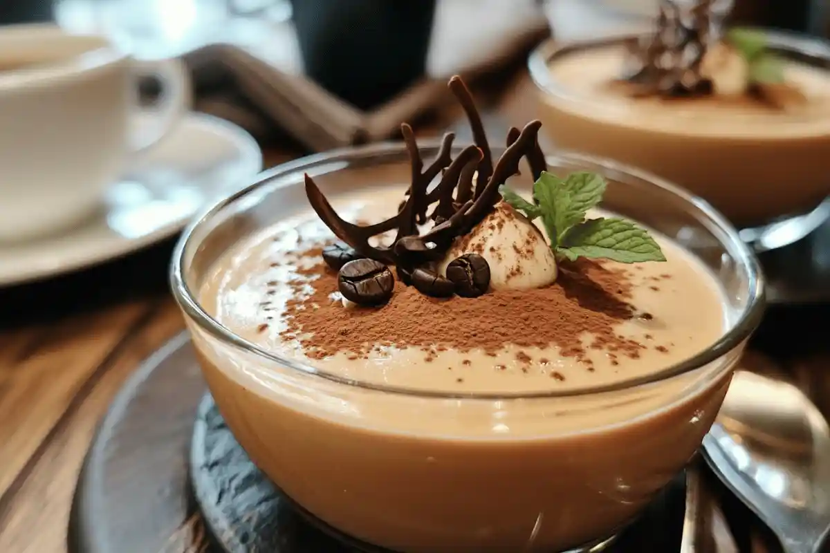 Gourmet coffee panna cotta topped with a dollop of whipped cream, chocolate twirl decorations, and whole coffee beans, dusted with cocoa powder, served in a clear glass bowl on a wooden table with blurred coffee cups in the background.