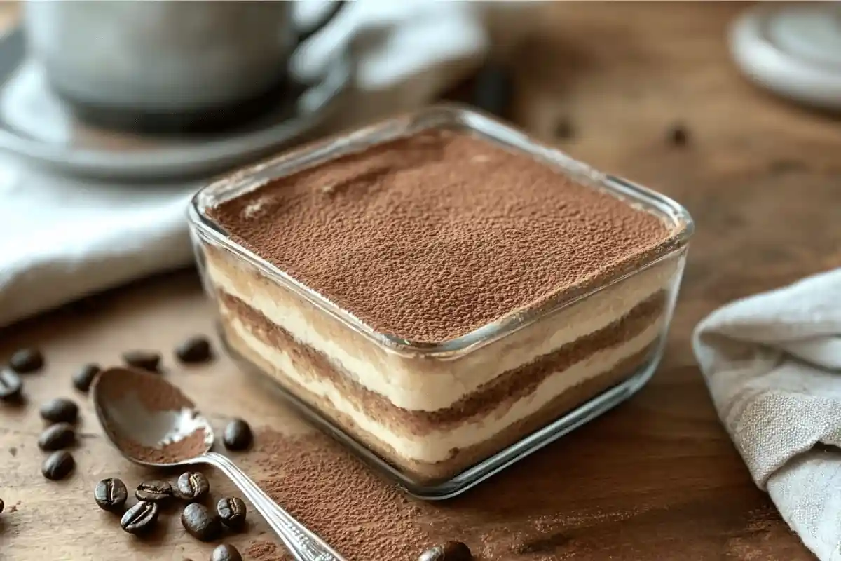 gluten-free tiramisu presented in a square glass dish. The dessert features layered gluten-free ladyfingers soaked in espresso, creamy mascarpone filling, and a dusting of cocoa powder on top. A small spoon is placed beside the dish, with scattered coffee beans and a cup of espresso in the background, set on a rustic wooden table with a linen napkin for a cozy ambiance.