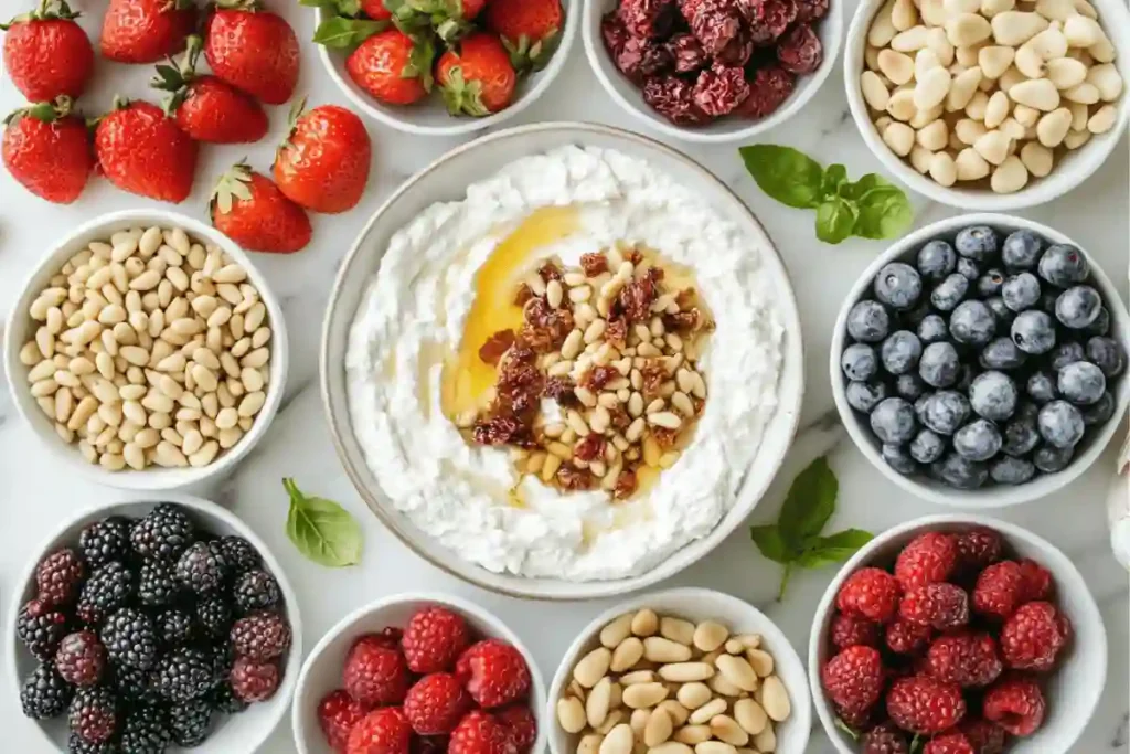 Various toppings for whipped ricotta dip, including roasted garlic, sun-dried tomatoes, toasted pine nuts, fresh berries, and honey, arranged around a central dish of the dip on a white marble surface.