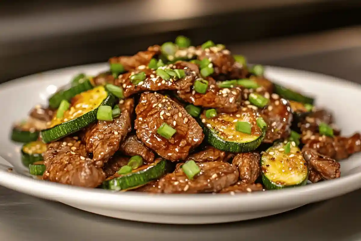 A plated dish of zucchini beef stir fry with vibrant green zucchini and tender beef strips on a white plate.