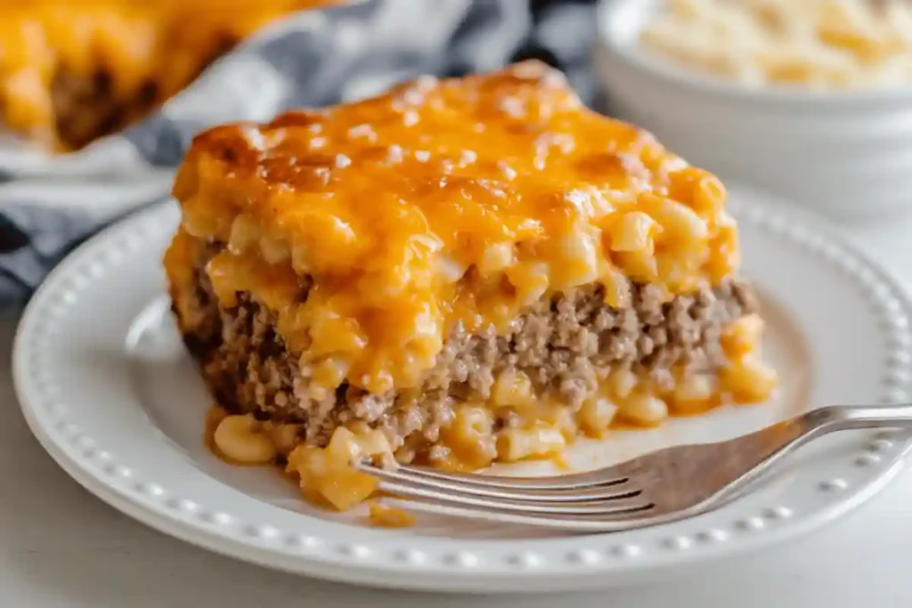 A plated slice of mac and cheese meatloaf casserole with creamy pasta on top and a firm meatloaf base.	