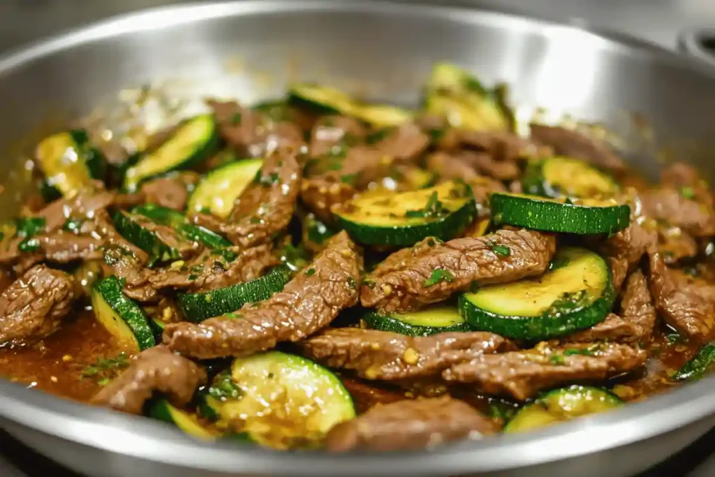 Beef and zucchini stir frying in a pan, coated in sauce.	