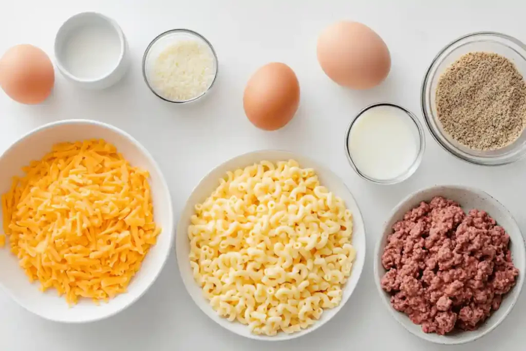 A neatly arranged set of ingredients, including ground beef, pasta, cheese, and seasonings, on a kitchen counter.	