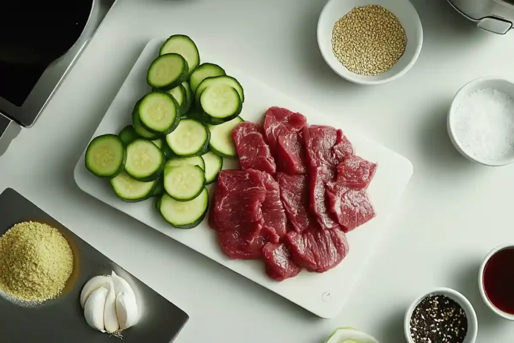 A neatly arranged display of ingredients for zucchini beef stir fry, including sliced beef, zucchini, onions, and seasonings.