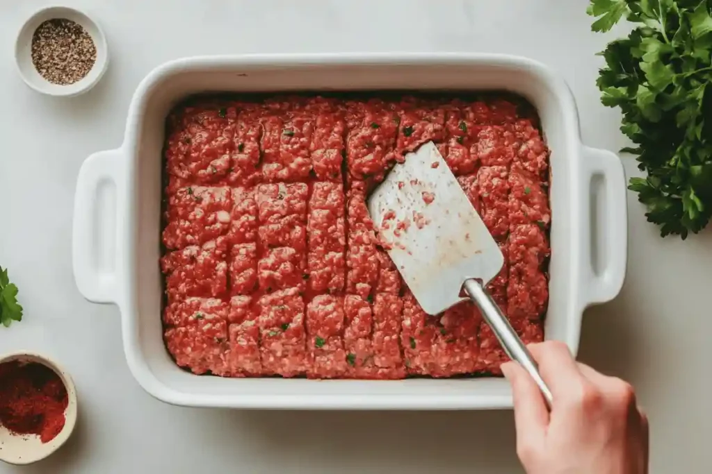 Uncooked meatloaf mixture pressed into a white ceramic baking dish, ready for the oven.	