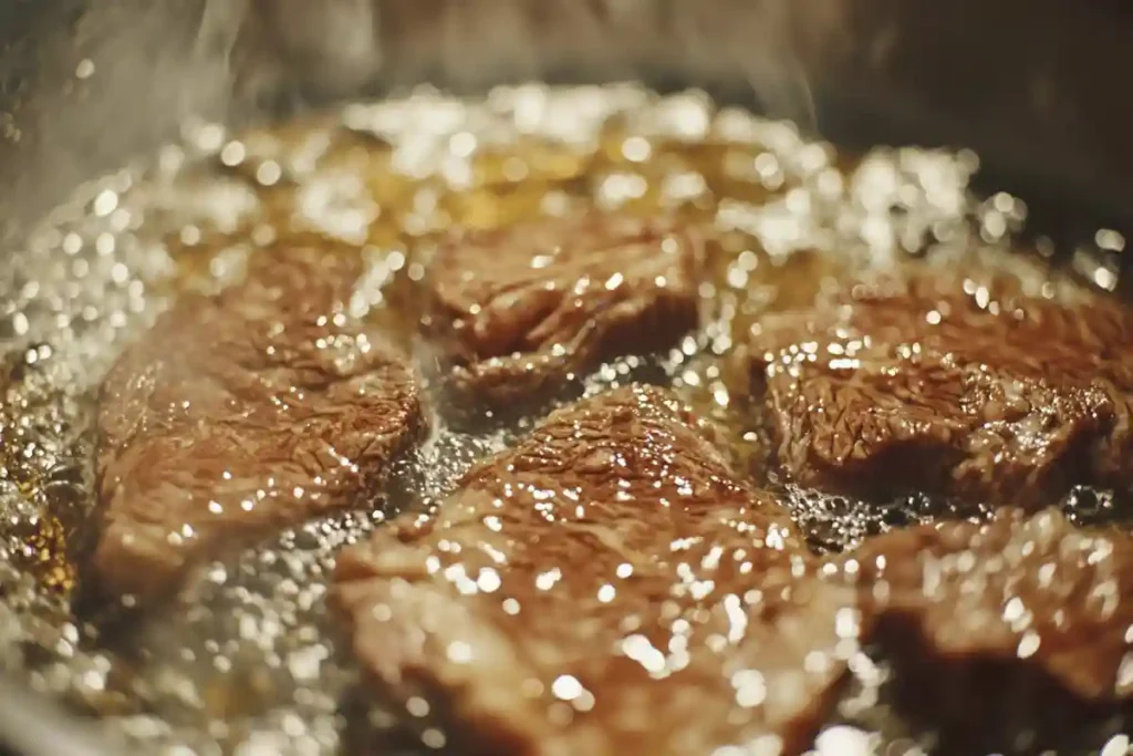 Thinly sliced beef searing in a hot skillet, turning golden brown.	