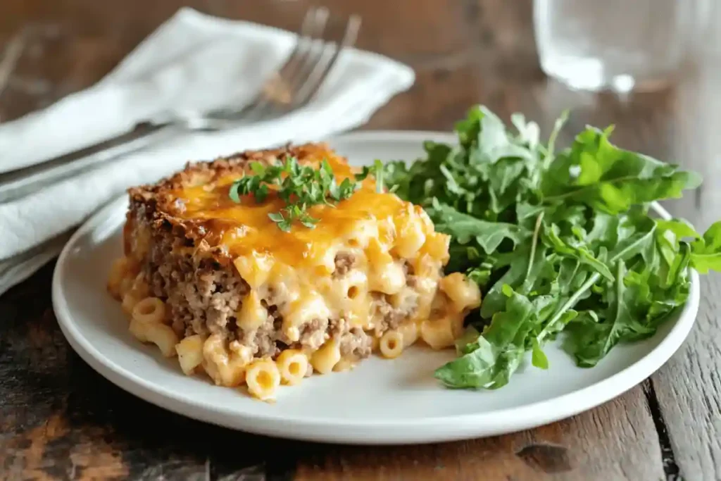 A plate of mac and cheese meatloaf casserole next to a fresh green salad.	