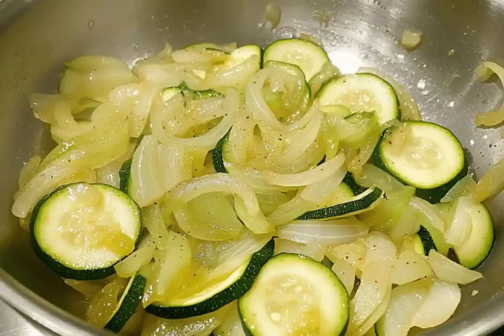 Fresh zucchini slices sautéing in a pan with onions and garlic.	