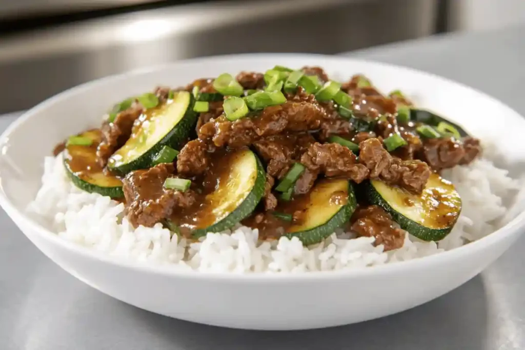 Zucchini beef stir fry served over a bed of steamed white rice.