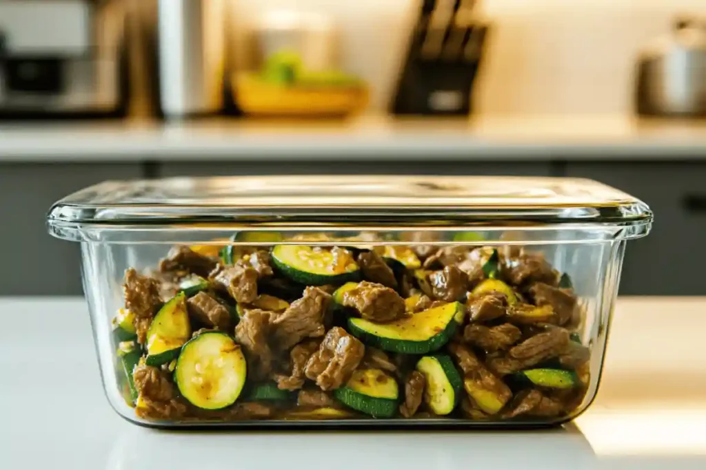 A glass container filled with leftover zucchini beef stir fry, sealed and ready for refrigeration.	