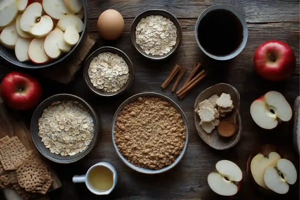 Ingredients for Apple Crumble Cheesecake, including cream cheese, apples, oats, cinnamon, and brown sugar.