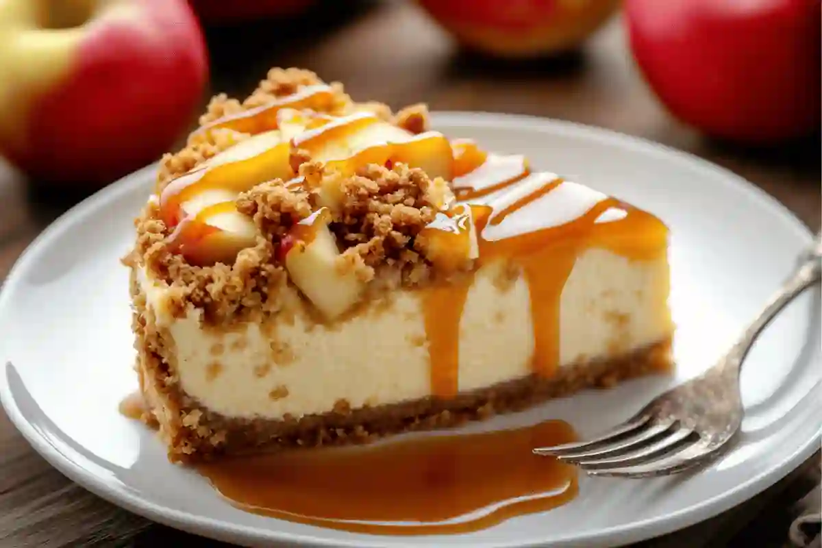 Apple Crumble Cheesecake Slice served on a white plate