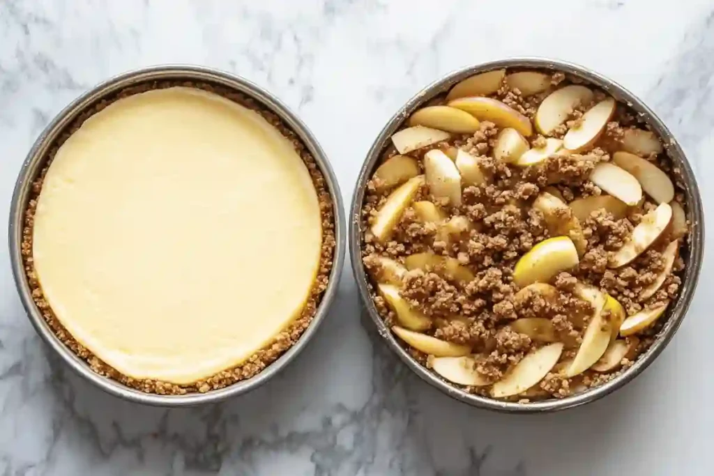 Layering the Apple Crumble Cheesecake in a springform pan with crust, filling, apple layer, and crumble topping.