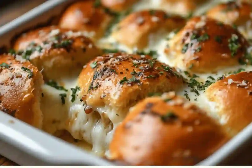 Golden-brown Italian sliders in a casserole dish with melted cheese and fresh herbs.