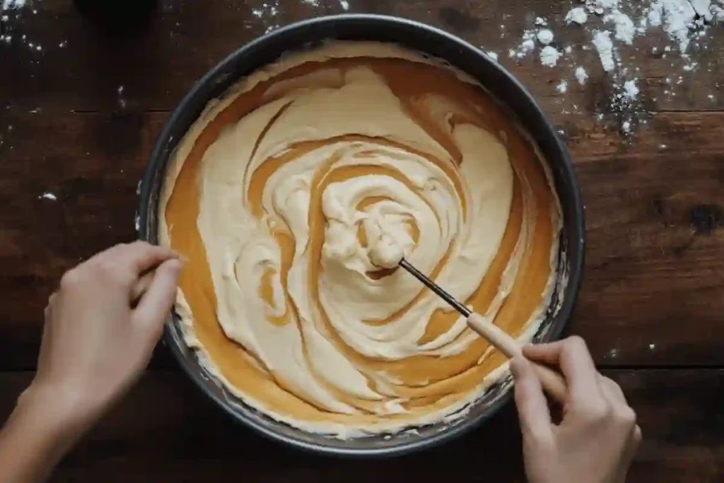 A close-up of a baker swirling pumpkin and vanilla cheesecake batter in a springform pan with a skewer to create a decorative swirl pattern.