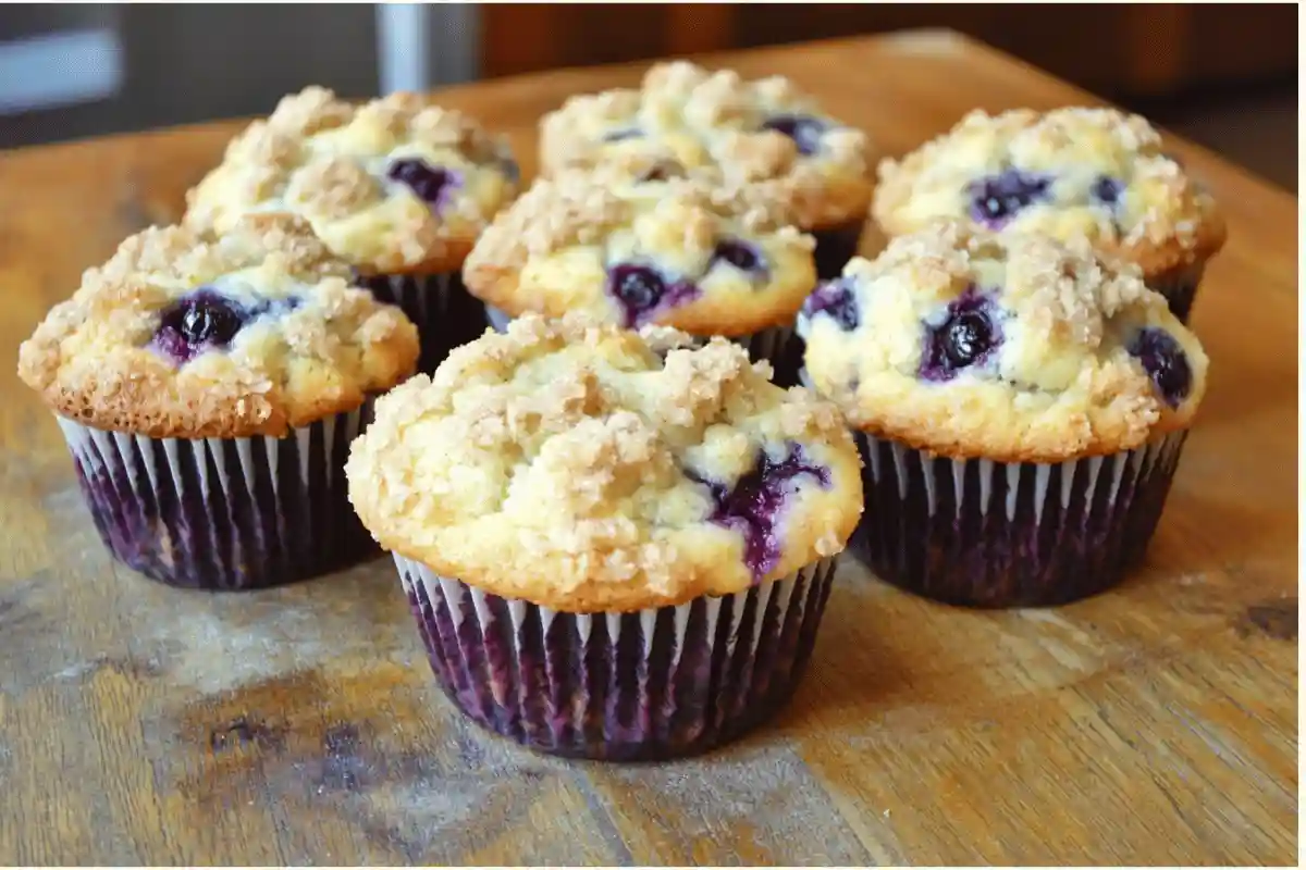 A batch of freshly baked blueberry muffins with a golden streusel topping on a rustic table.