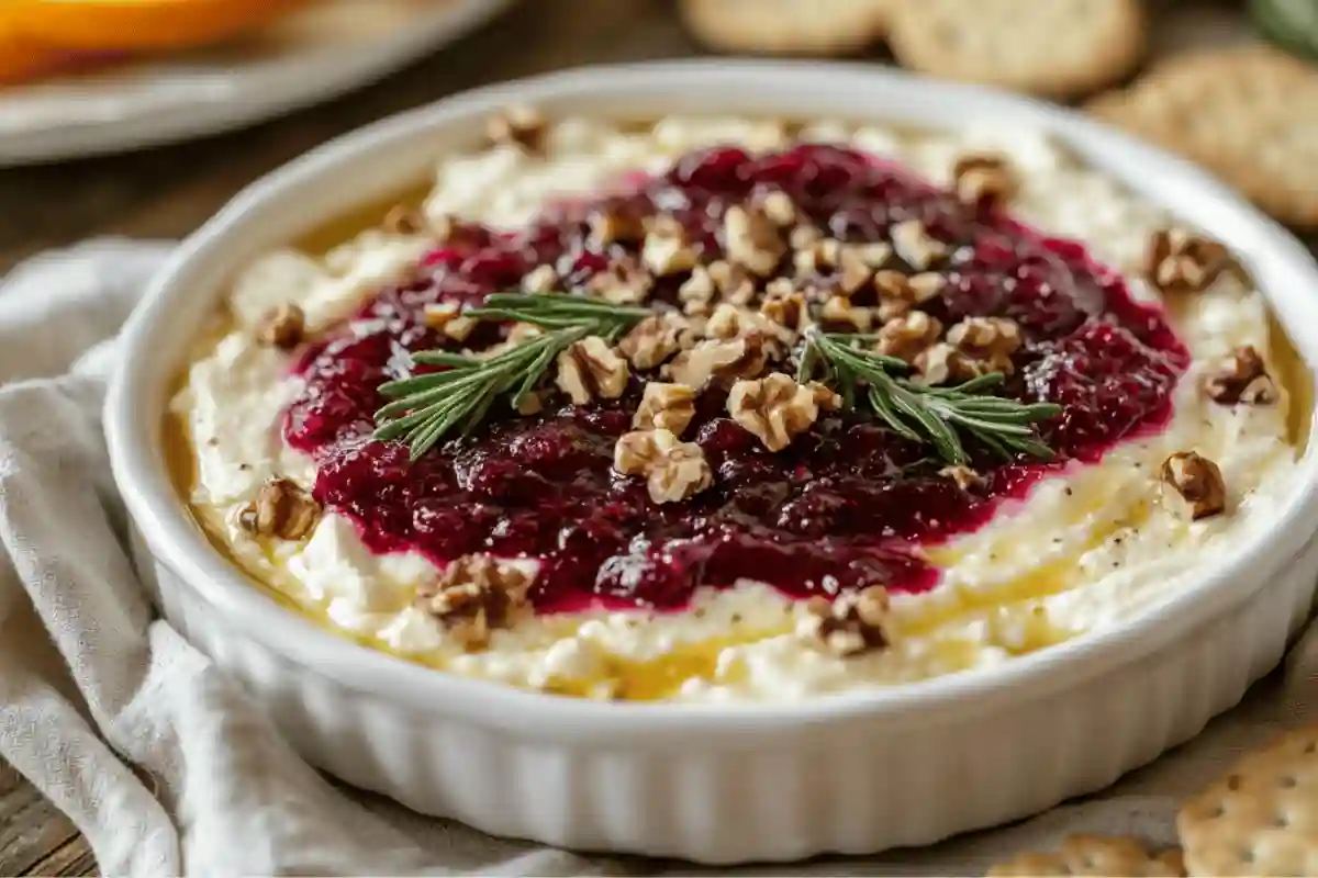 Goat Cheese Mozzarella Cranberry Dip served in a white dish, featuring a creamy goat cheese and mozzarella base topped with glossy cranberry sauce. Garnished with fresh rosemary, crushed walnuts, and a drizzle of honey.