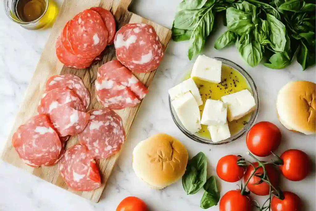 Sliced Italian meats, cheeses, basil, tomatoes, slider buns, and olive oil displayed on a kitchen counter.