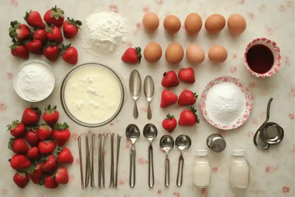 Ingredients for Strawberry Tres Leches Cake: flour, sugar, eggs, milk, condensed milk, evaporated milk, heavy cream, vanilla extract, strawberry syrup, and fresh strawberries.