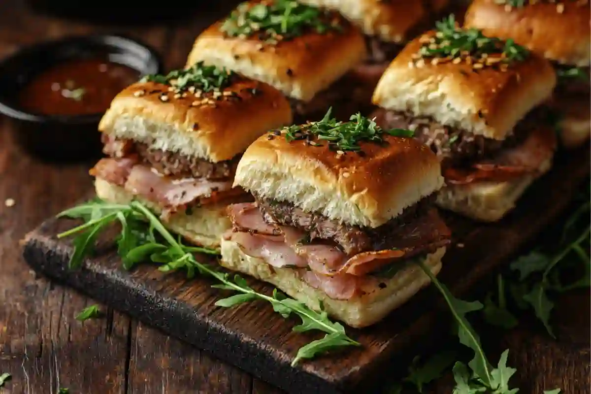 A rustic wooden platter of Italian sliders with layers of meats, cheese, and arugula, accompanied by a dipping sauce and herbs.