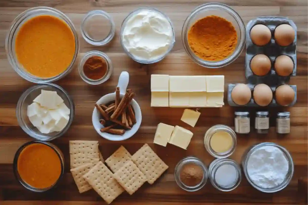 Ingredients for pumpkin swirl cheesecake laid out neatly: cream cheese, pumpkin puree, eggs, sugar, spices, graham crackers, butter, and vanilla extract.