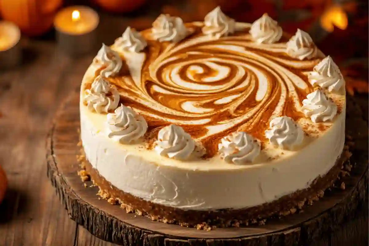 A perfectly baked pumpkin swirl cheesecake with a decorative swirl design, garnished with whipped cream, and placed on a rustic wooden table with fall leaves and pumpkins.