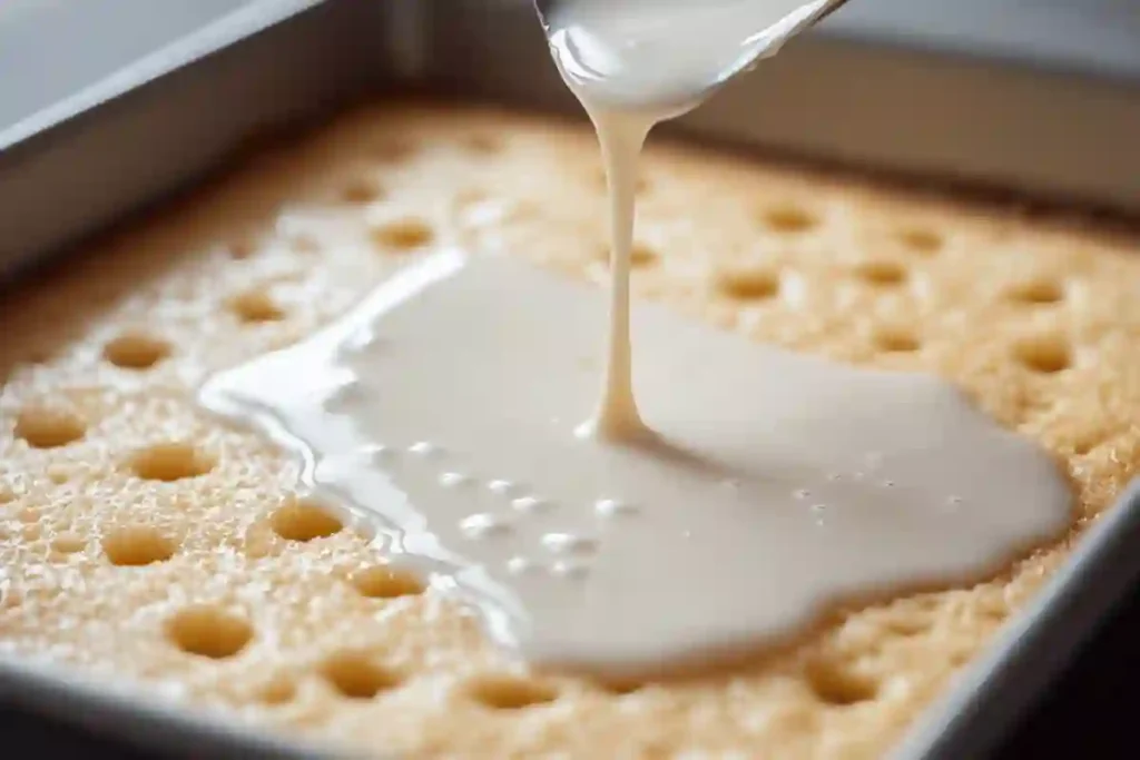 A sponge cake in a baking pan being soaked with a creamy strawberry milk mixture.