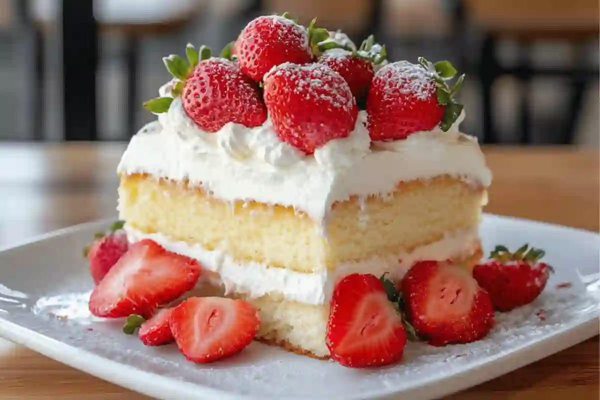 A beautifully decorated Strawberry Tres Leches Cake with whipped cream and fresh strawberries.