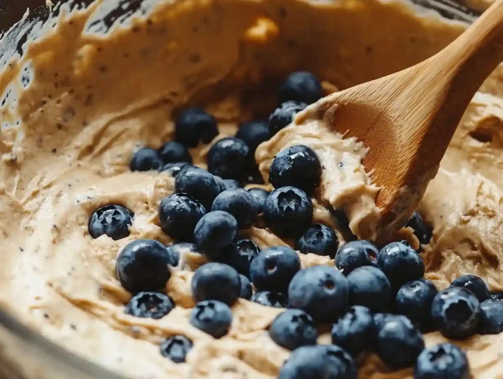 Mixing thick blueberry muffin batter with fresh blueberries in a bowl.
