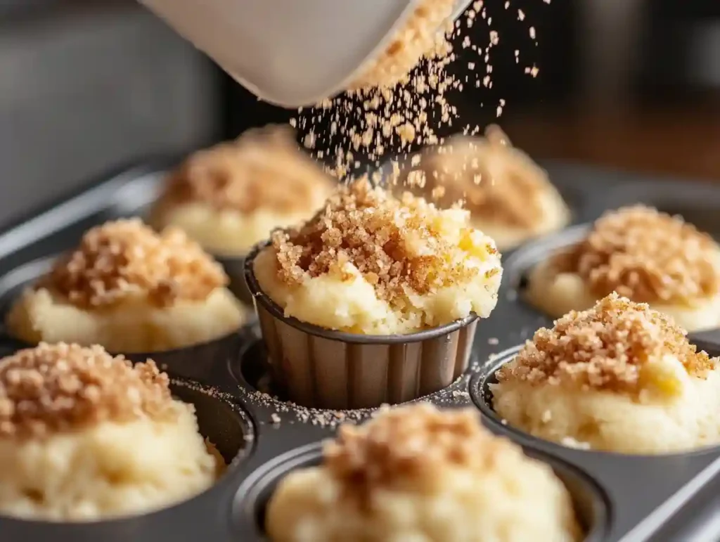 Sprinkling crumbly streusel topping over muffin batter in a muffin tin.
