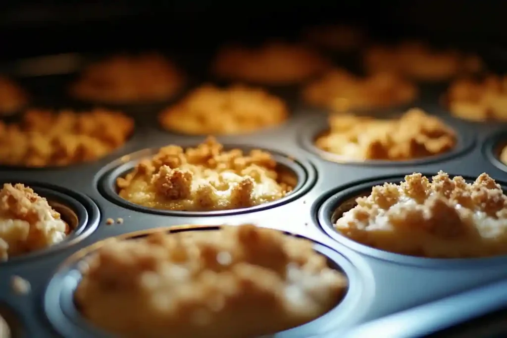 Muffin tin filled with batter topped with streusel, ready for baking.
