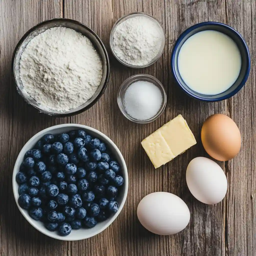 Flat-lay of ingredients for blueberry muffin recipe, including flour, sugar, blueberries, and eggs.
